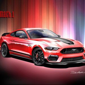 2022 MUSTANG MACH 1 - RACE RED  ART PRINT | TORCH RED | BLACK FIVE SPOKE WHEELS